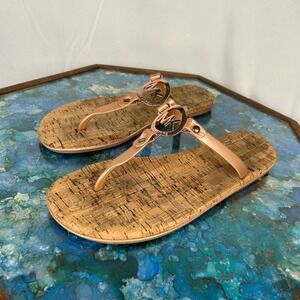 Michael Kors Rose Gold MK Logo Cork Footbed Jelly Thong Sandals Womens Size 8